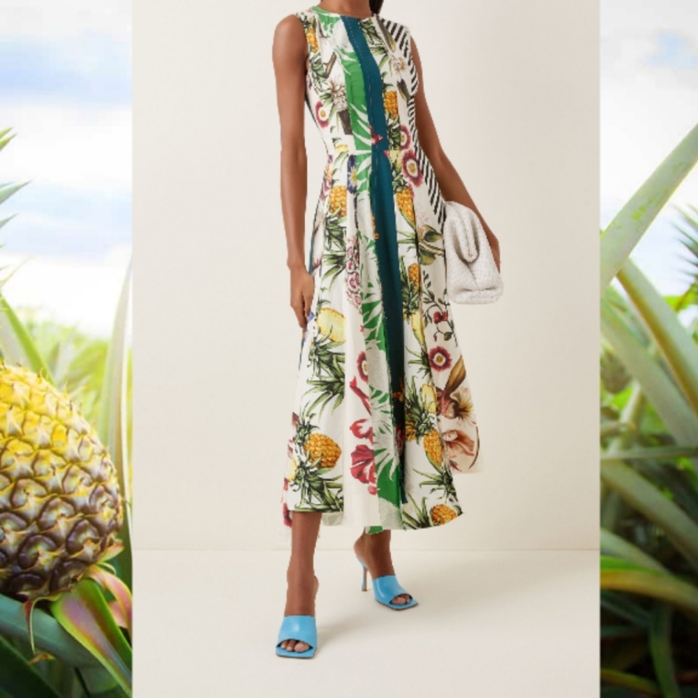 □$2,690 OSCAR DE LA RENTA GORGEOUS PINEAPPLE PATCHWORK MIDI DRESS US S.